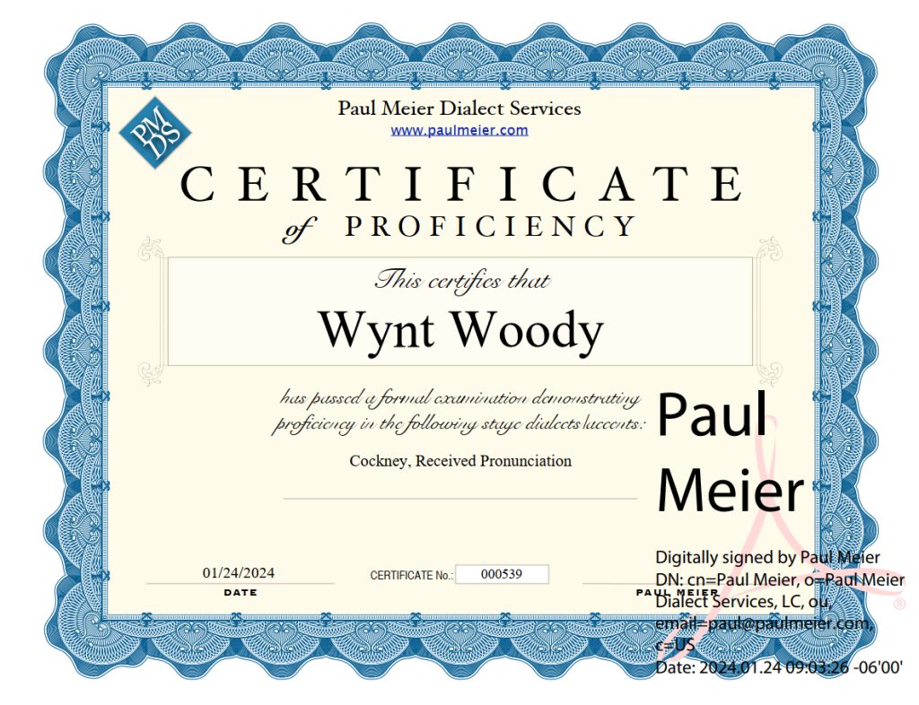 Wynt Woody's RP and Cockney Certification (Paul Meier Dialect Services)
